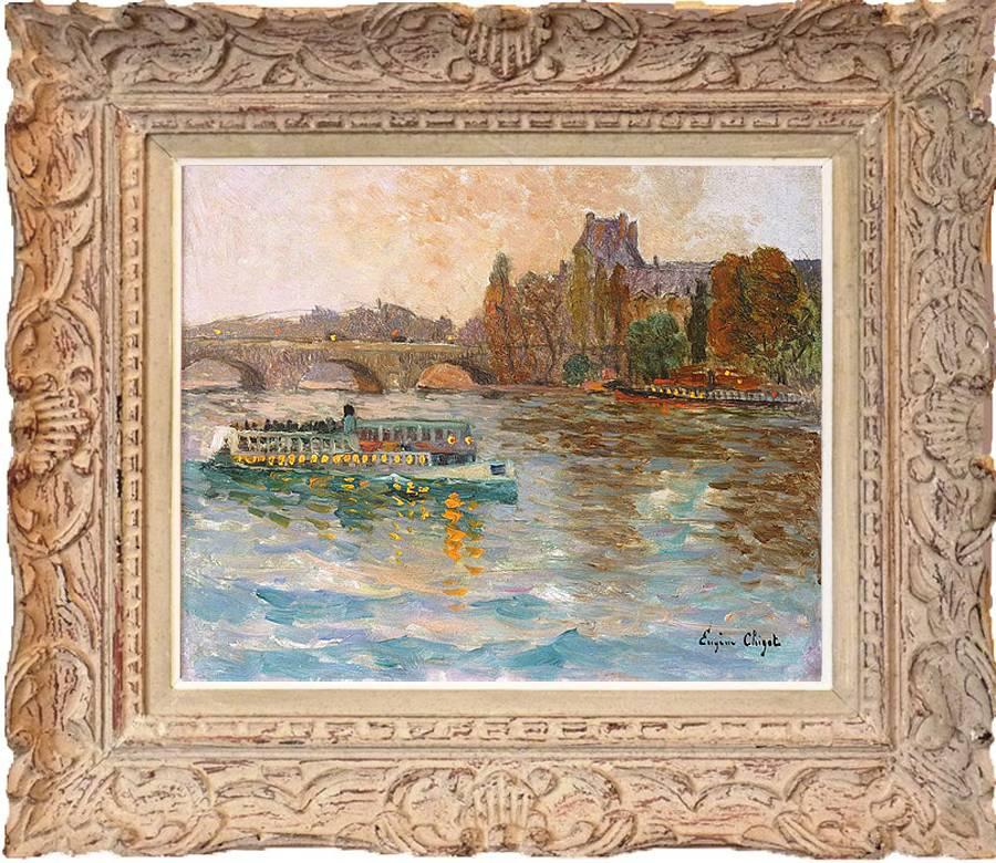Eugene Henri Alexandre Chigot Landscape Painting - Excursion ship on the Seine river, The Louvre in the background, by Chigot