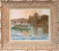Excursion ship on the Seine river, The Louvre in the background, by Chigot