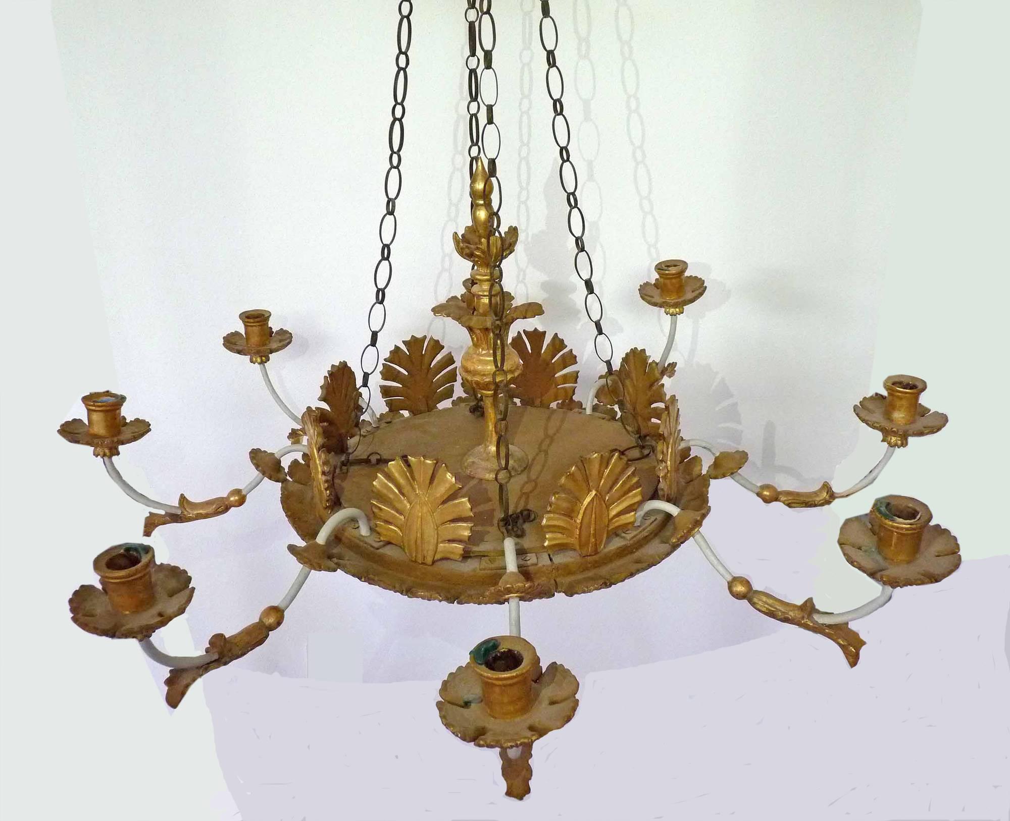 Ceiling Lamp, Eight Armed, Hand Carved Wood Leaf Gilt, Germany c.1800 - Sculpture by Unknown