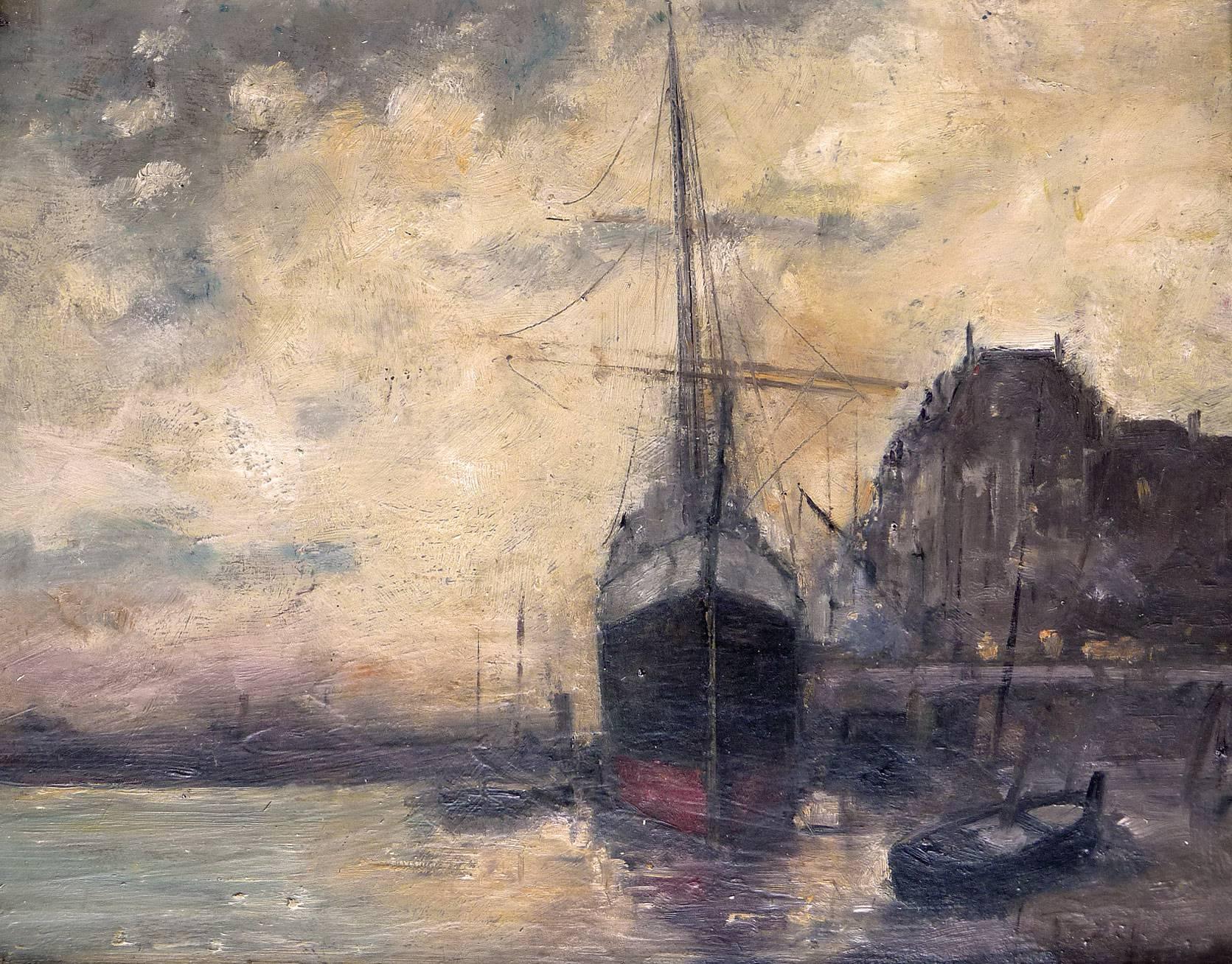Old port in the Normandy, most likely Honfleur or Saint-Malo, oil by Delaunay - Painting by Victor Delaunay