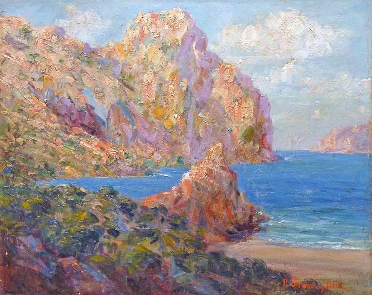 Rocky Coast of Mallora Island, Oil Painting by French-spain Artist Pedro Isern - Brown Landscape Painting by Pedro Isern y Alie