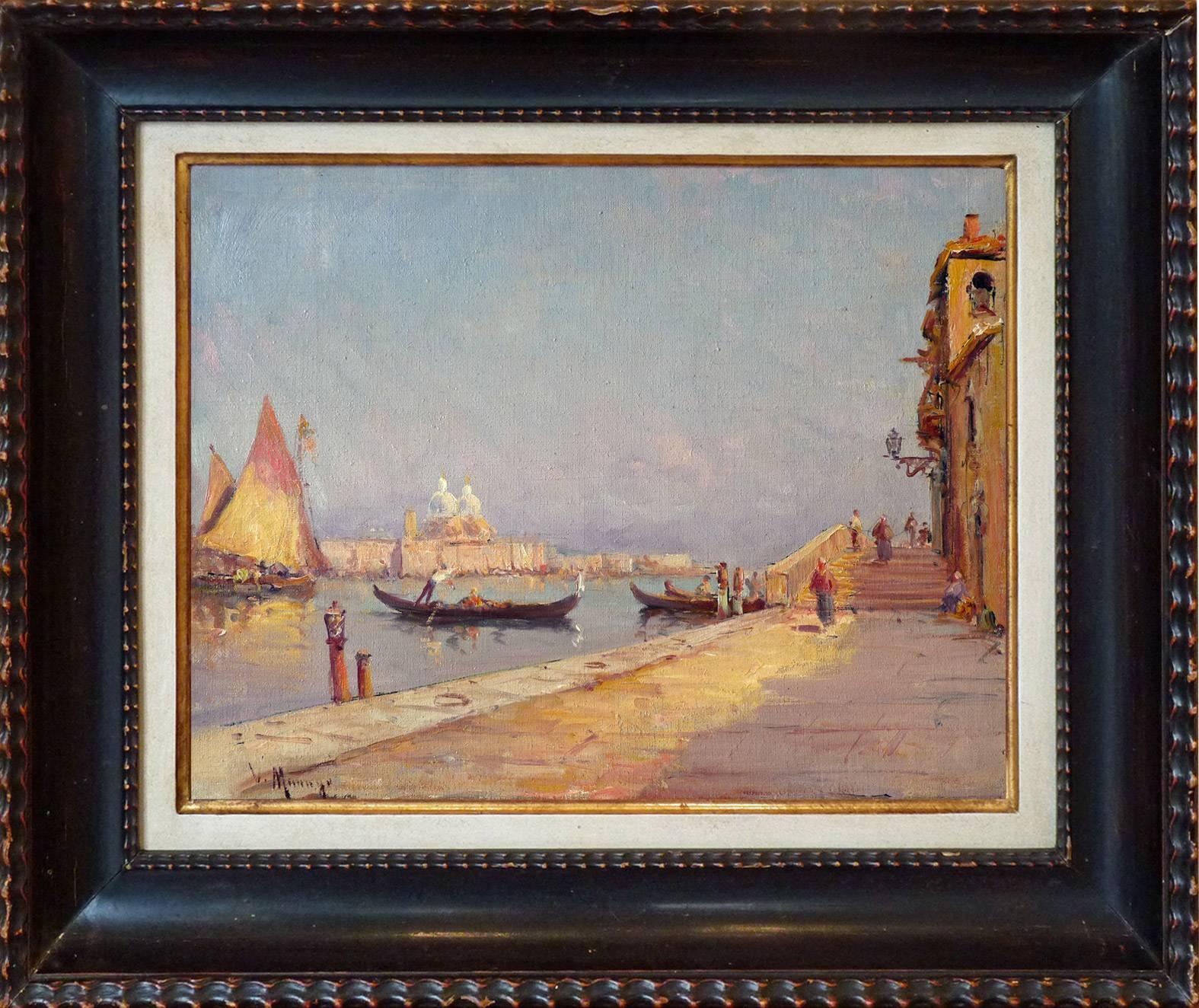 An atmospheric Venice view, c.1910, by Vincent Manago, a French vedute painter and painter in the Orientalist style.

Oil on canvas, signed lower left.
Painting size 10.83 x 13.98 in. (27.5 x 35.5 cm)
Frame size 16.34 x 19.69 in. (41.5 x 50