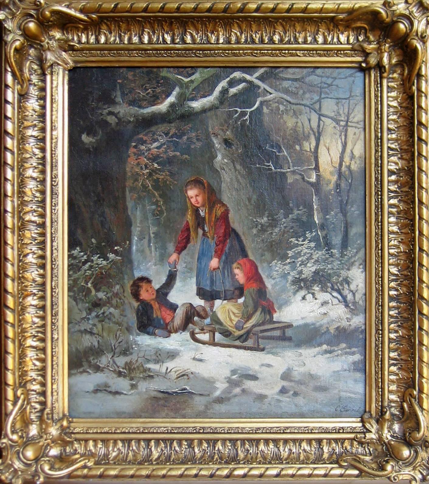Carl Goebel Figurative Painting - Winter Landscape with 3 Children, Sleigh Ride Genre Painting by Reknown Artist