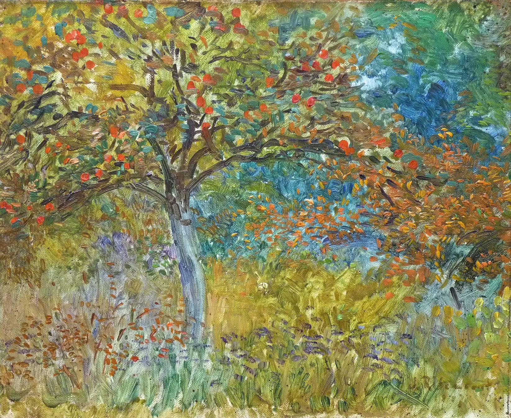The Red Apple Tree, oil painting dated 1907 by french artist Ribeaucourt - Painting by Jules Ribeaucourt
