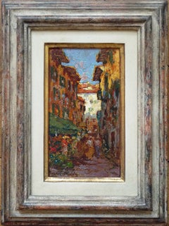Busy street in Nice, impressionist cabinet piece in oil paint by Dagnac-Riviere