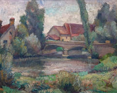 Village by the river, post-impressionist oil painting by Marcel Roche