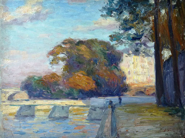 Landscape Painting Joseph Vital Lacaze - Quais de l'Île Saint-Louis, Paris - Peinture à l'huile post-impressionniste française