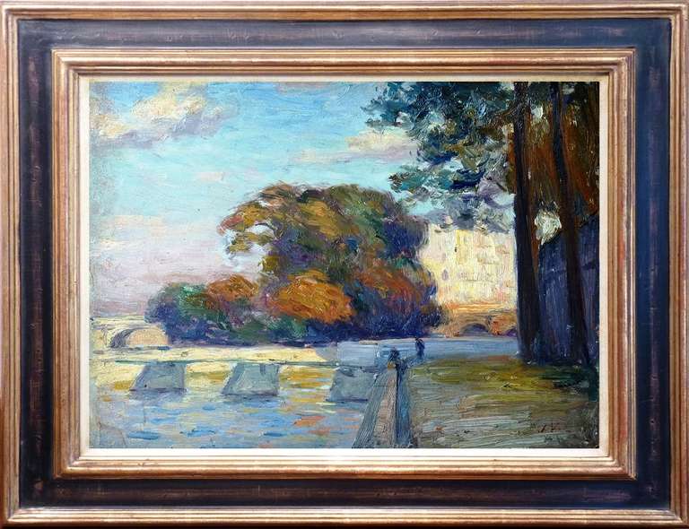 Quais de l'Île Saint-Louis, Paris - Peinture à l'huile post-impressionniste française - Painting de Joseph Vital Lacaze