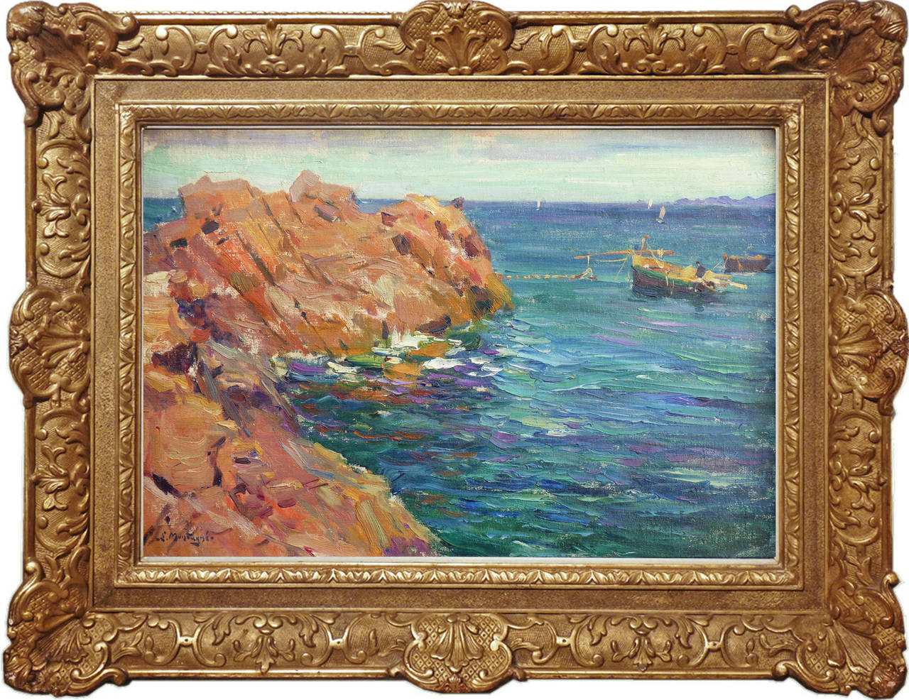 Agricol Louis Montagné Landscape Painting - View of Cliffs at Theoule-sur-mer, French Riviera. Marine landscape painting.