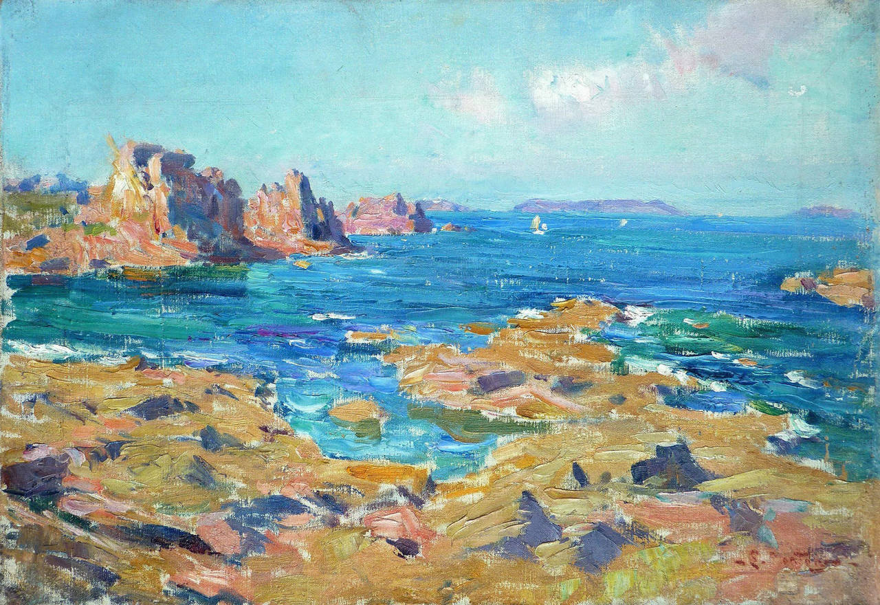 Vue de l'île de Bréhat en Bretagne, peinture à l'huile de Louis Montagné - Painting de Agricol Louis Montagné