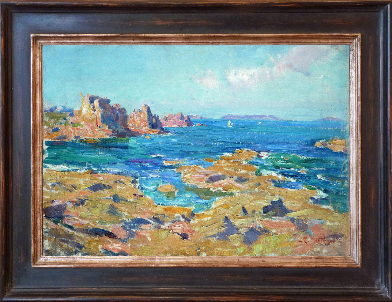 Landscape Painting Agricol Louis Montagné - Vue de l'île de Bréhat en Bretagne, peinture à l'huile de Louis Montagné