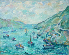 Lobster fishing at breton coast, Oil by french Post-Impressionist Gueldry