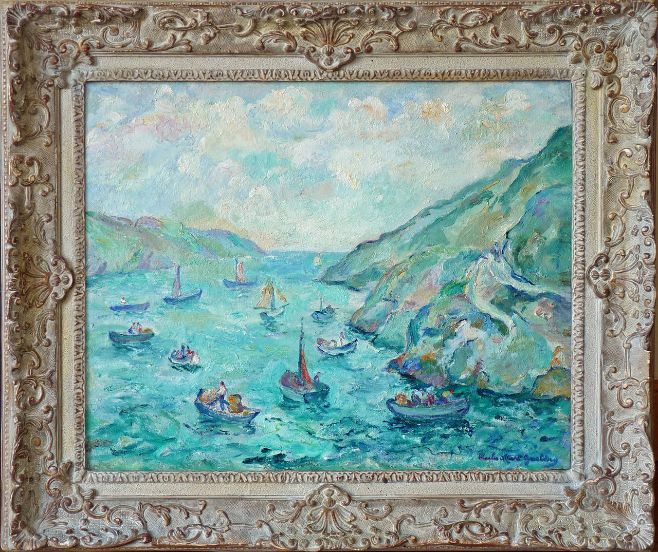 Lobster fishing at breton coast, Oil by french Post-Impressionist Gueldry