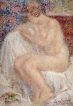 Seated nude, Art deco period painting by french artist J. Lamberton