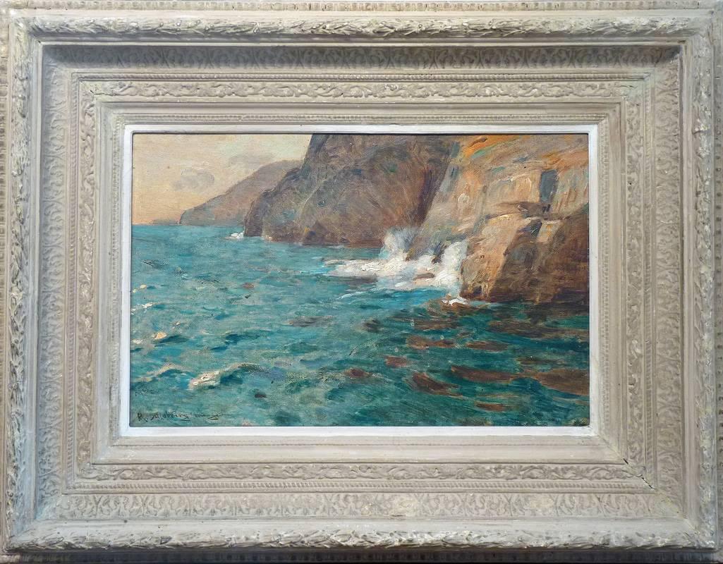 Waves Against Cliffs, Coastal Landscape View in Oil Paint by Richard Schubring For Sale 1