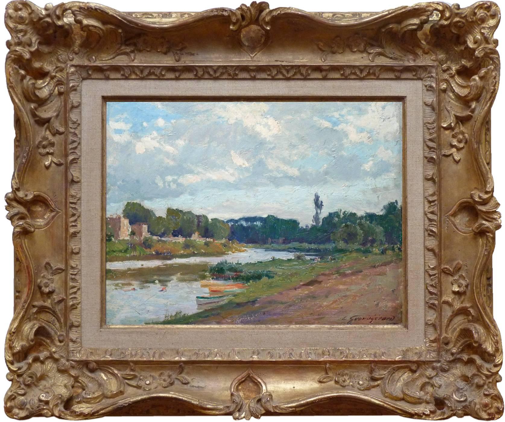 Lucien Henri Grandgérard Landscape Painting - The Marne river near Perreux, Oil painting by french artist Grandg�érard