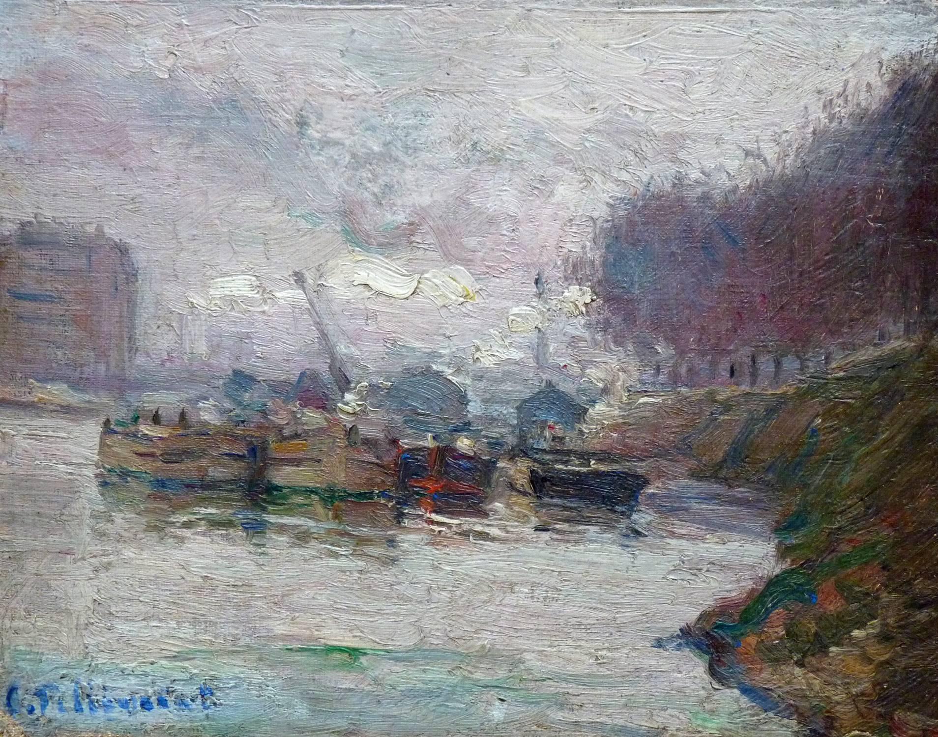 Barges on the Seine, post-impressionism oil painting by french artist Pellegrin - Painting by Charles Pellegrin