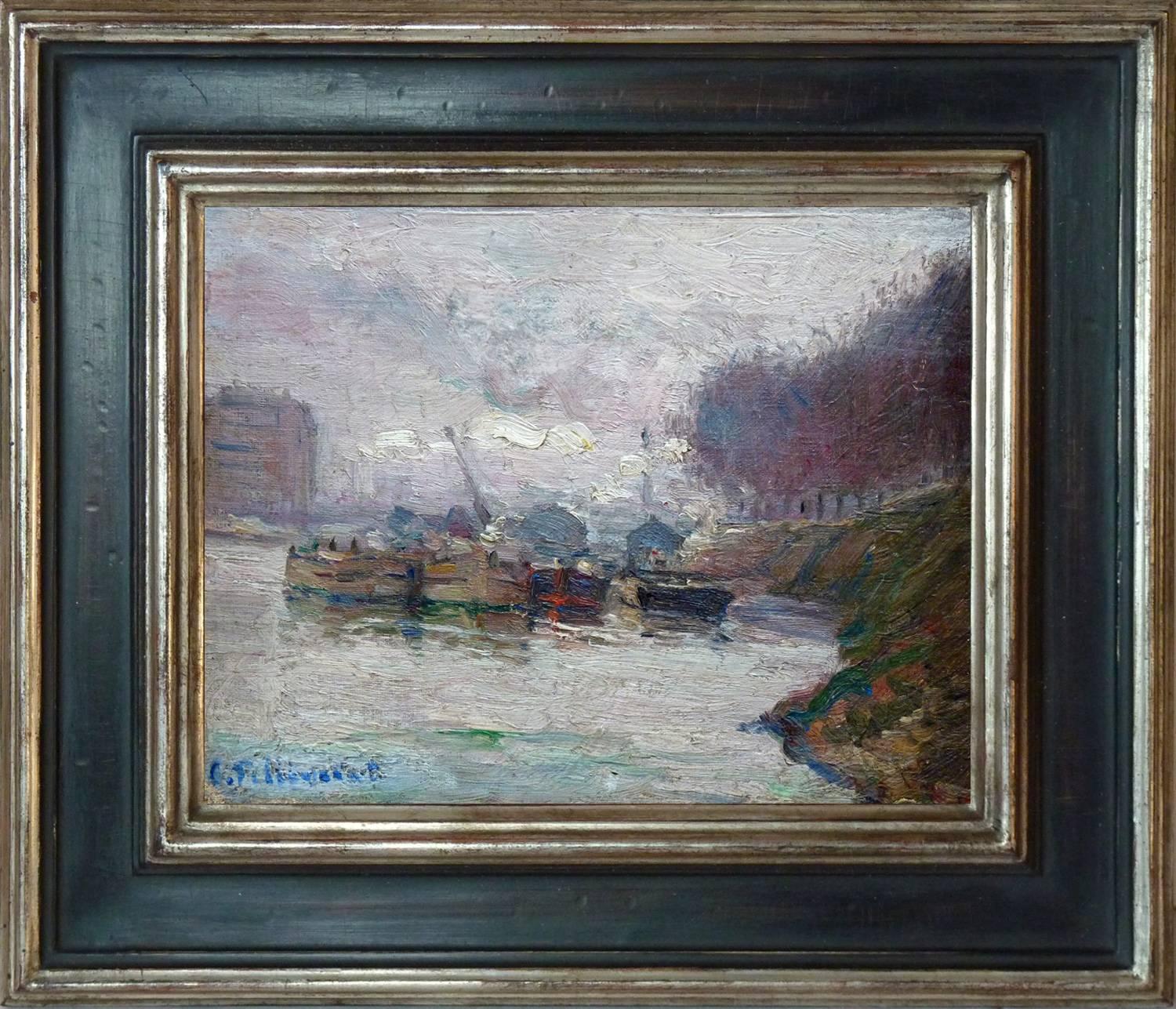 Landscape Painting Charles Pellegrin - Barges on the Seine, peinture à l'huile post-impressionniste de l'artiste français Pellegrin