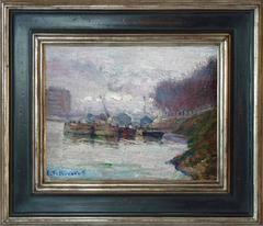 Barges on the Seine, post-impressionism oil painting by french artist Pellegrin