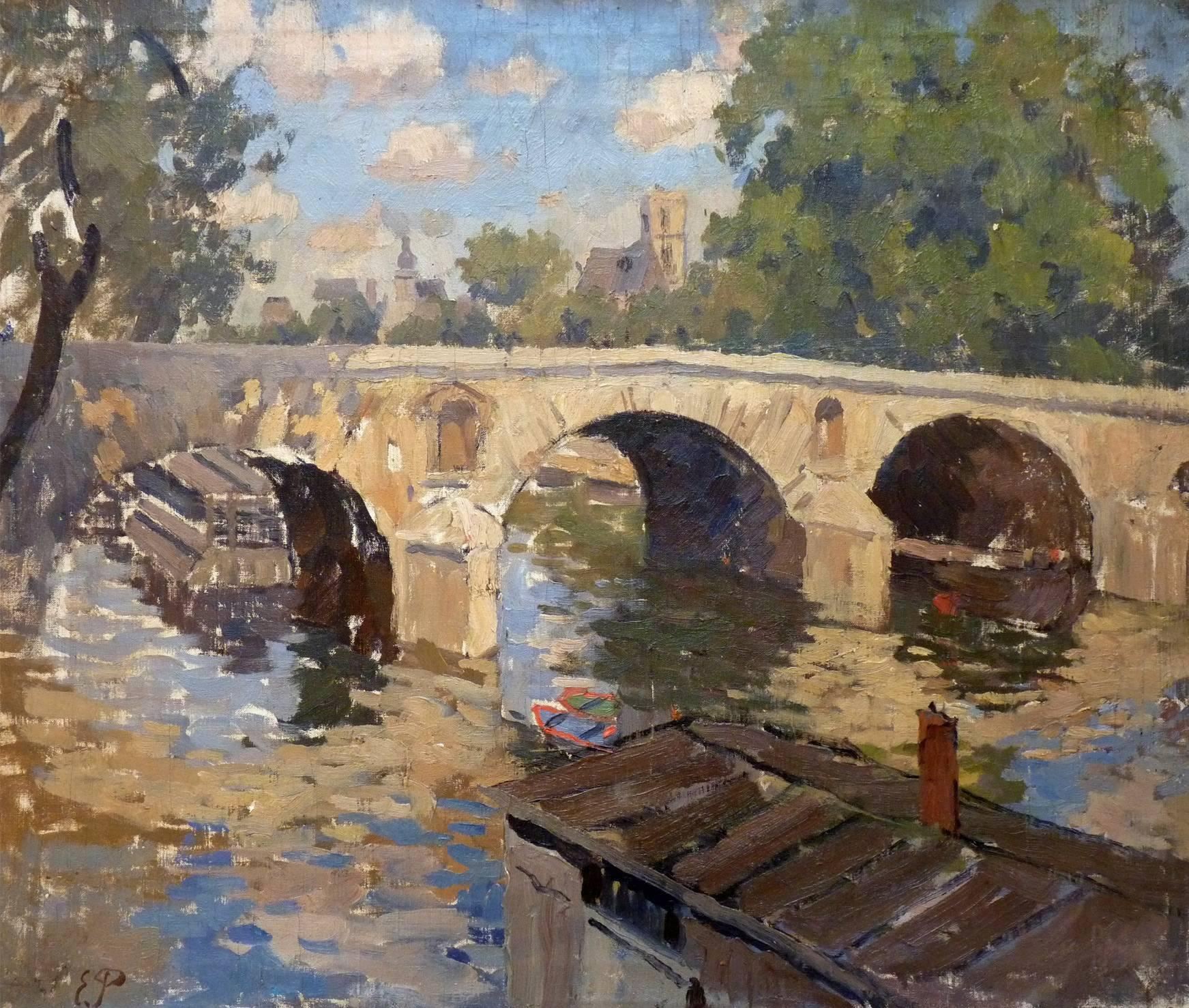 Edmond Marie Poullain Landscape Painting - Barges on the Seine at Pont Marie in Paris, oil painting by Poullain