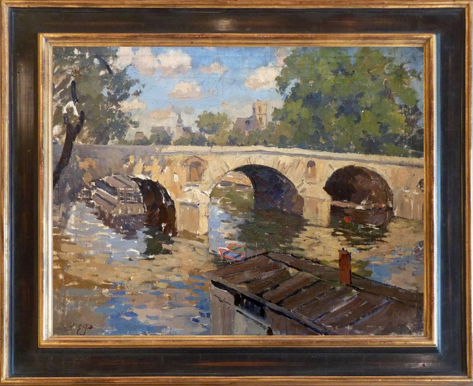 Barges on the Seine at Pont Marie in Paris, oil painting by Poullain - Painting by Edmond Marie Poullain