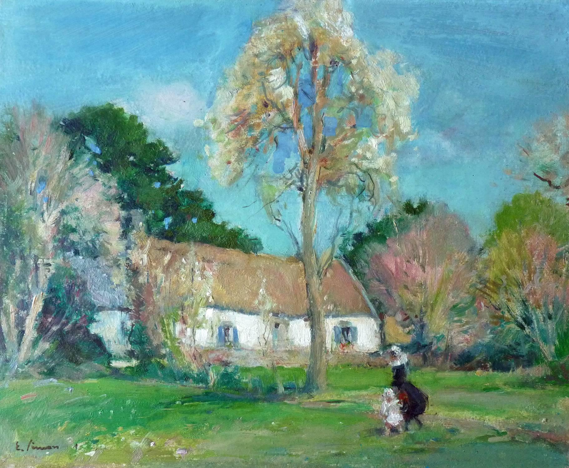 Émile Joseph Jules Simon Landscape Painting - Peasants in front of a cottage in Brittany, by french artist Émile Simon