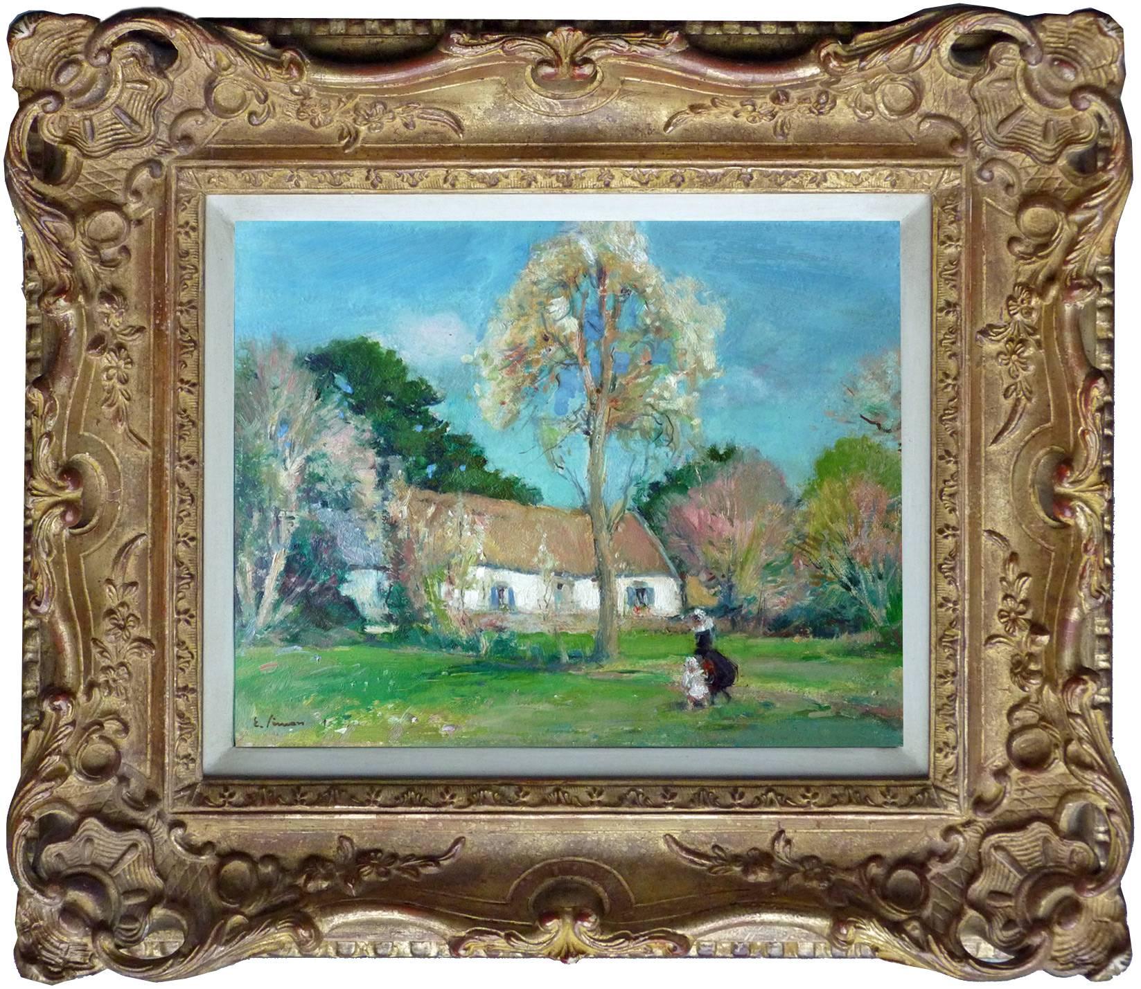 Peasants in front of a cottage in Brittany, by french artist Émile Simon - Painting by Émile Joseph Jules Simon