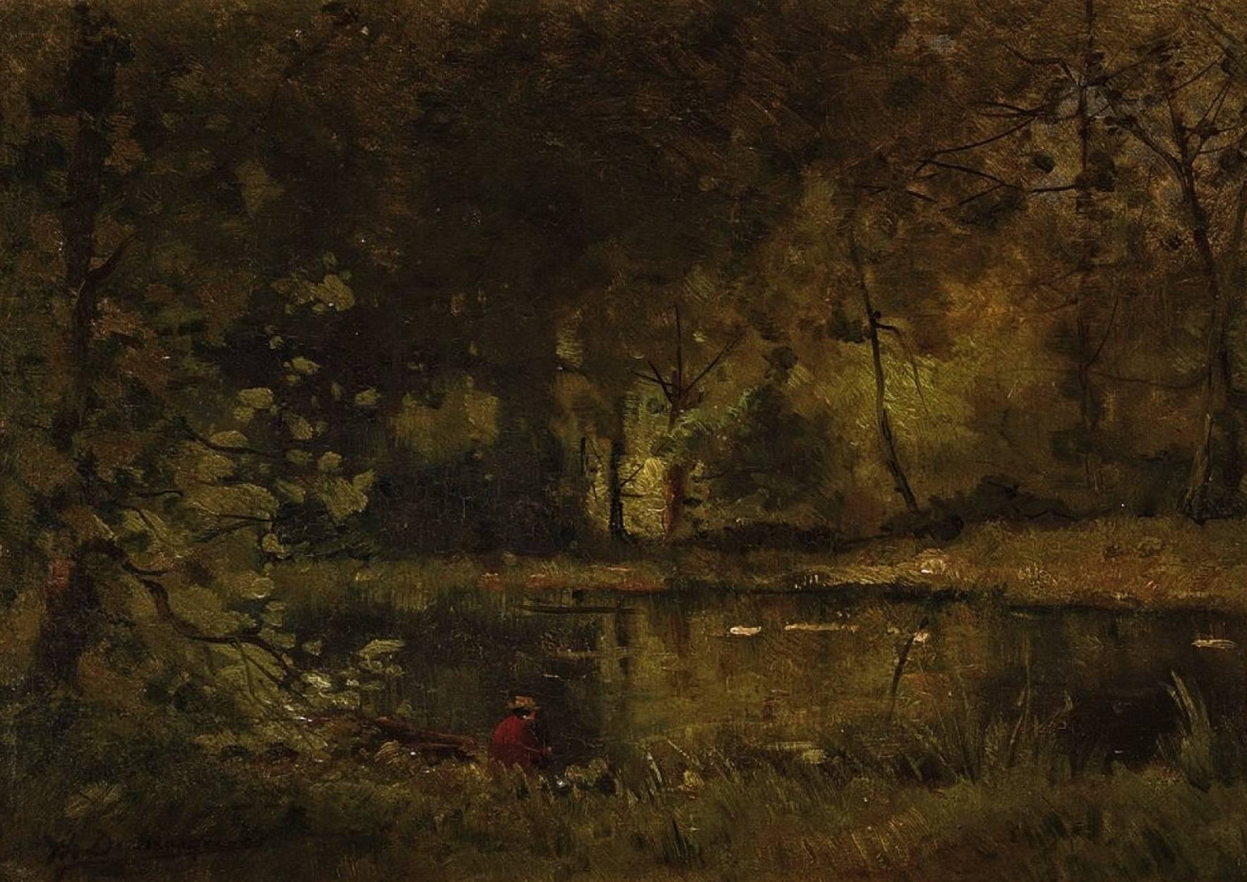 Patient angler sitting by the pond in the forest of Fontainebleau, near Barbizon - Painting by Charles Hippolyte Desmarquais