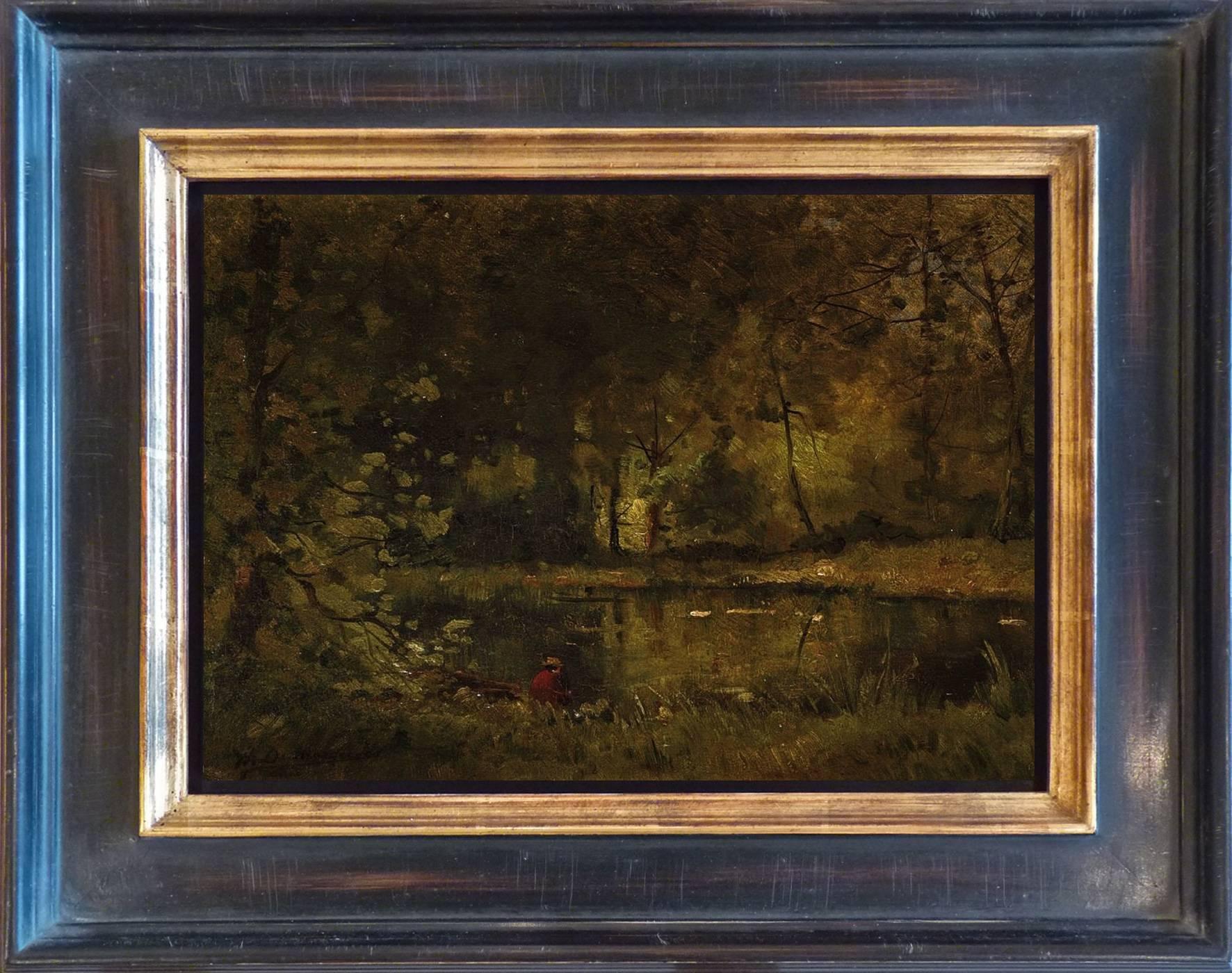 Charles Hippolyte Desmarquais Landscape Painting - Patient angler sitting by the pond in the forest of Fontainebleau, near Barbizon