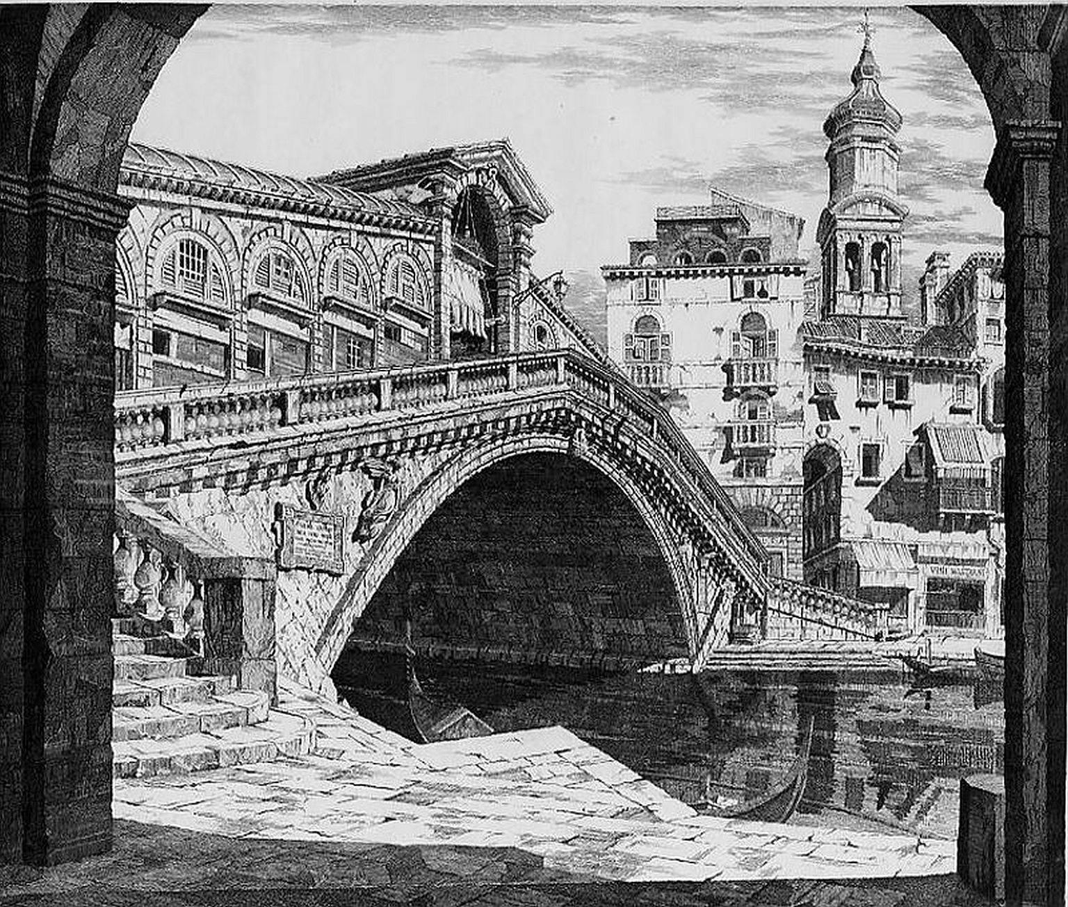 John Taylor Arms Landscape Print - Shadows of Venice or Il Ponte Di Rialto, Venezia