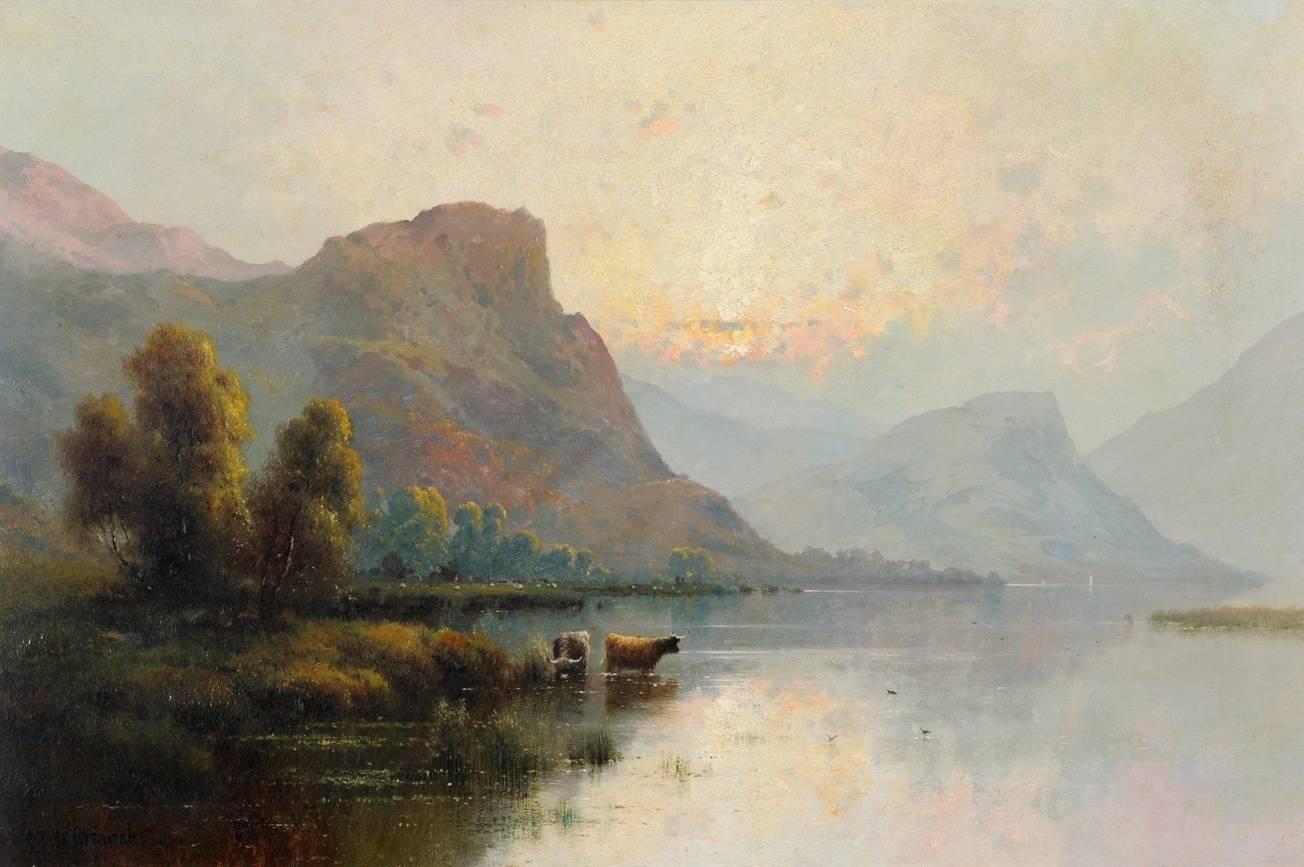 Resting Cattle at Dusk in the Highlands, Oil on Canvas - Painting by Alfred de Breanski Sr.