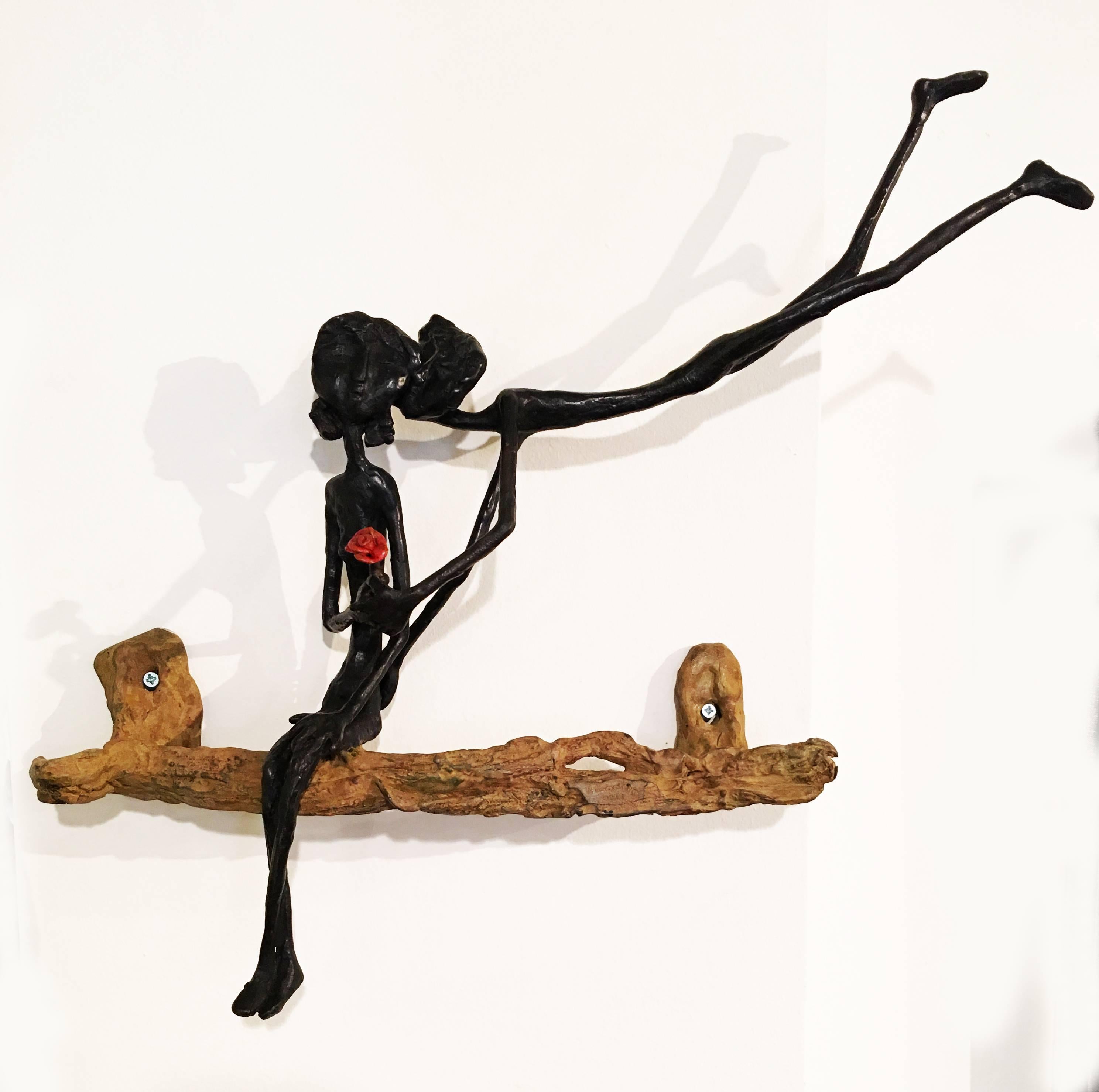 Ruth Bloch Figurative Sculpture - Blossoming Love, Flying with Red Flower, Unique Bronze Sculpture