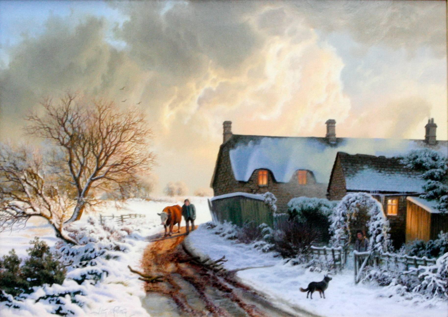Cottage in Winter, Great Tew - Painting by Daniel Van Der Putten