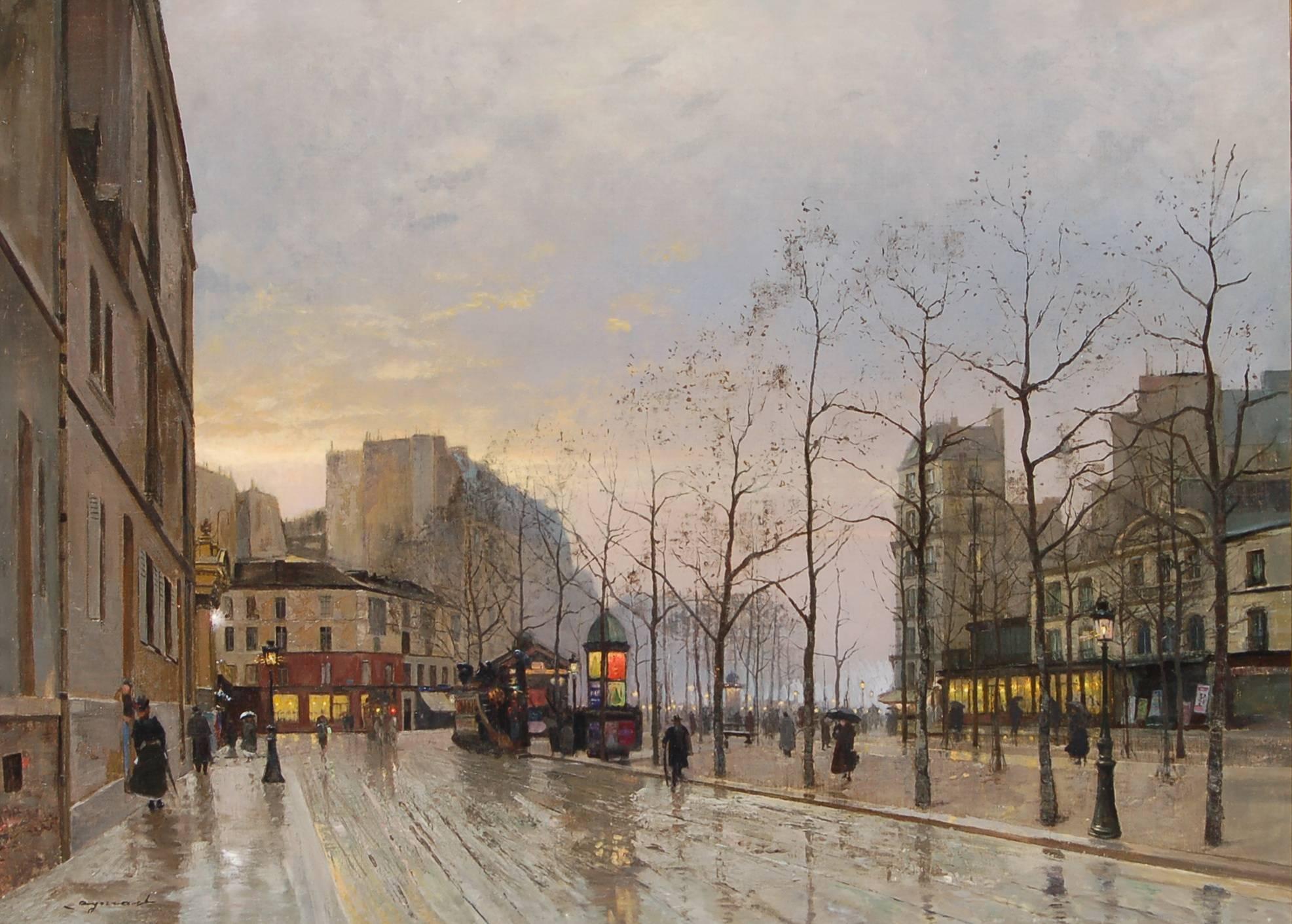 Paris at Night, Boulevard Rochechouart - Painting by Emile Cagniart