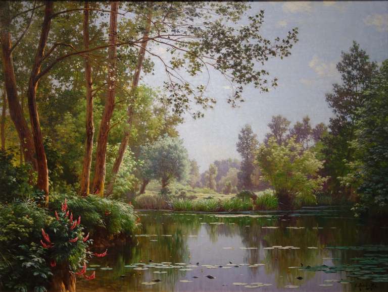 A Lakeside Scene - Painting by Rene His