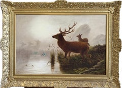 Stag by a Misty Lake, 19th Century Oil on Canvas, Framed, 30x42"