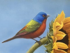 Sunflower and Bunting Bird Oil Painting, Still Life, Framed