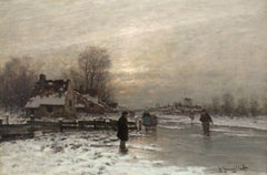 Jour d'hiver, paysage hollandais, personnages, huile sur toile originale, Allemagne, XIXe siècle
