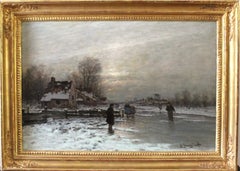Jour d'hiver, paysage hollandais, personnages, huile sur toile originale, Allemagne, XIXe siècle