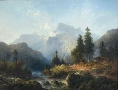 A Mountain River Scene, original oil on canvas, 19thC German artist