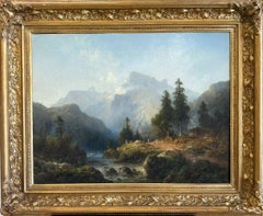 A Mountain River Scene, original oil on canvas, 19thC German artist