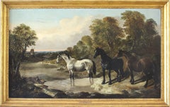 "A River Landscape with Wild Horses", Victorian original, oil on canvas