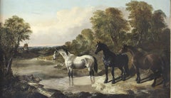 "A River Landscape with Wild Horses", Victorian original, oil on canvas