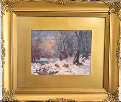 "Winter Landscape with Sheep and Shepherd", original water colour on paper