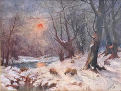 "Winter Landscape with Sheep and Shepherd", original water colour on paper