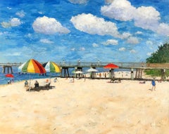 Naples Beach with Umbrellas and Pier, Oil on Canvas, Framed