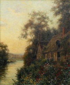 Coucher de soleil sur la rivière, peinture à l'huile impressionniste, 20e siècle, encadrée