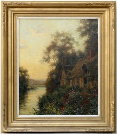 Coucher de soleil sur la rivière, peinture à l'huile impressionniste, 20e siècle, encadrée