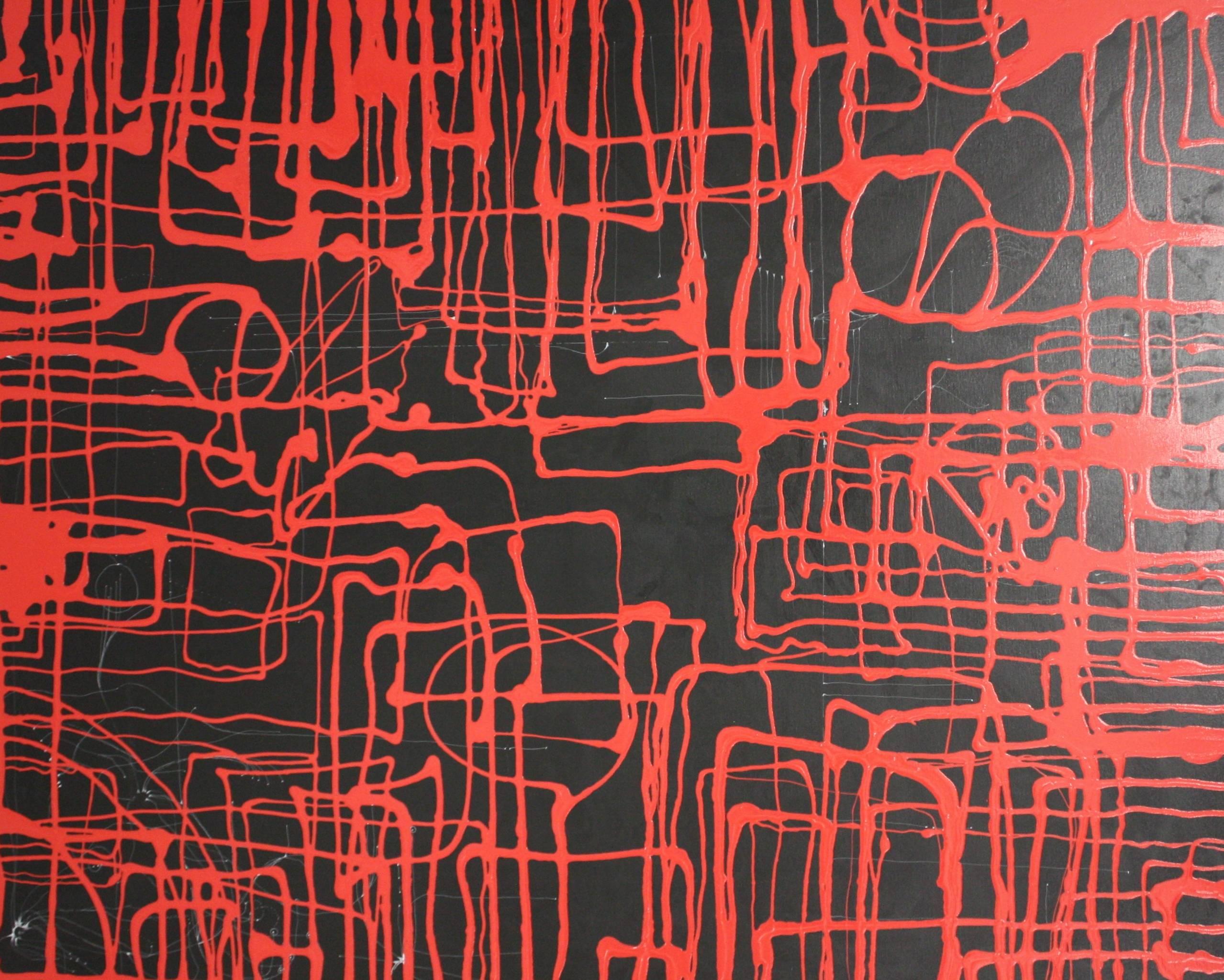Lindsey Nobel Landscape Painting - Kinetic Juncture (Black and Red)