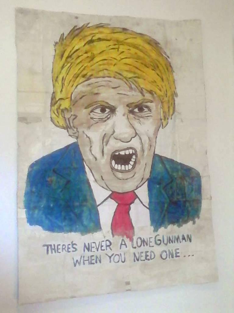 Alfredo Martinez Portrait Painting - Donald Trump, There's Never A Lone Gunman When You Need One